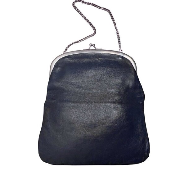 VTG 50s Navy Kiss Lock Snap Leather Hand Bag Purse Silvertone Chain Strap Women - Picture 2 of 9